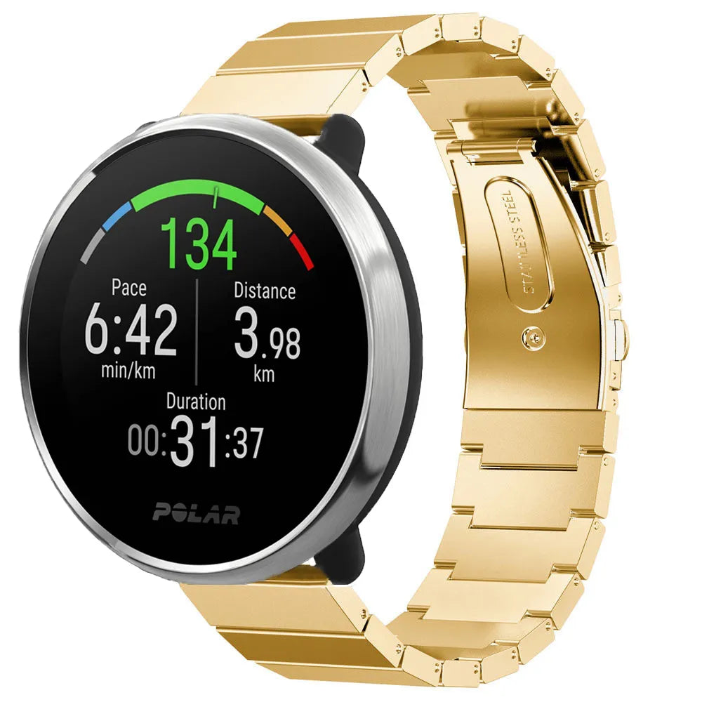 Premium Metal Strap, gold, on a watch, 3/4 front view