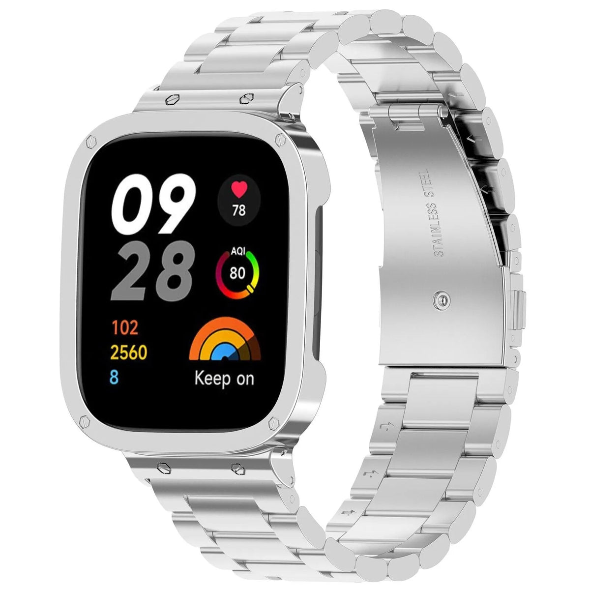 Steel Strap, silver, on a watch, 3/4 front view