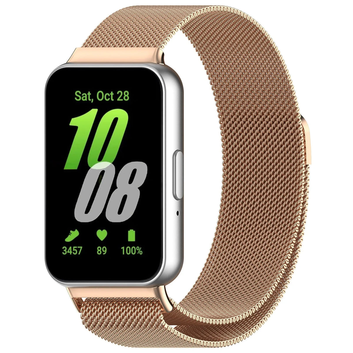 Milanese Strap, rose gold, on a watch, 3/4 front view