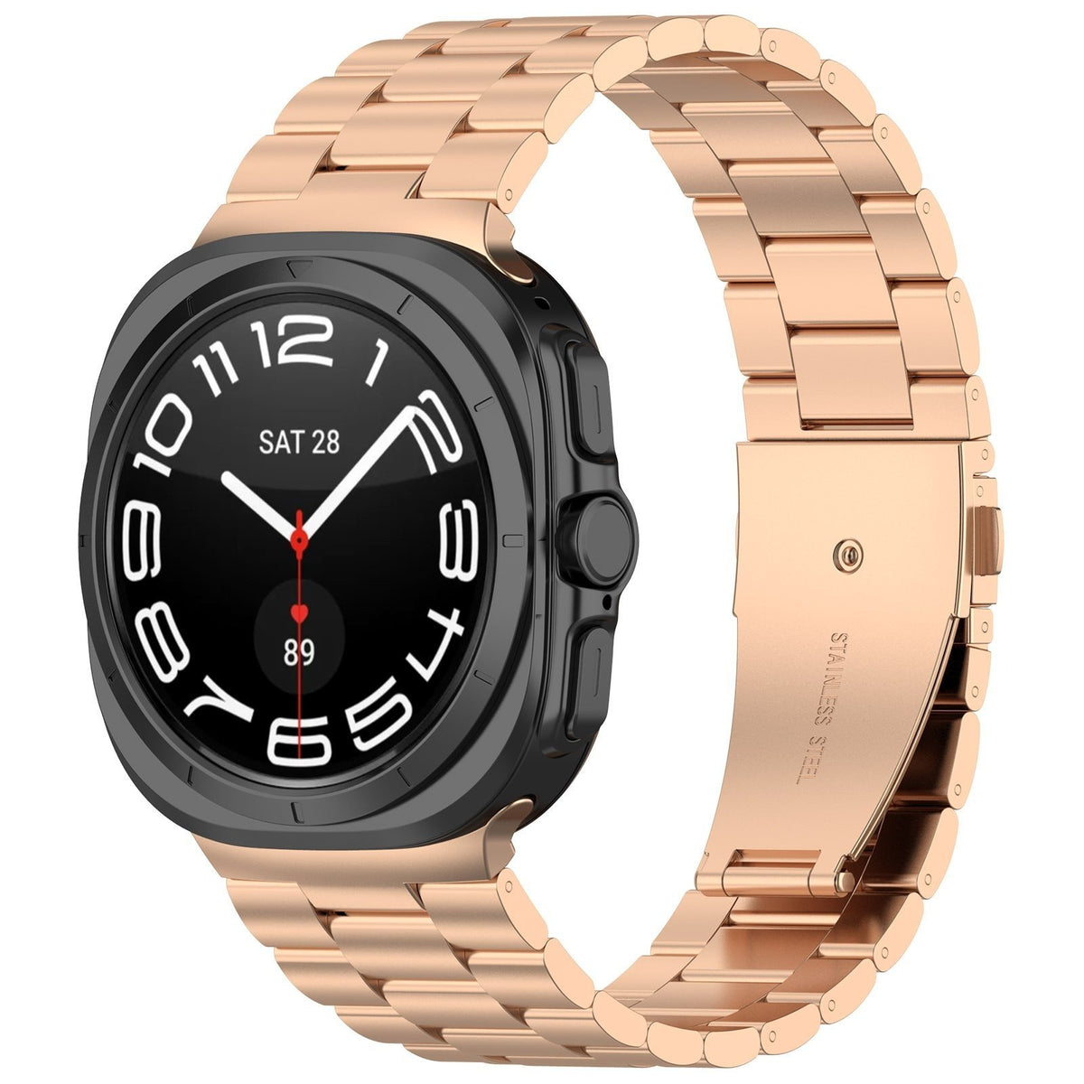 Steel Strap, rose gold, on a watch, 3/4 front view