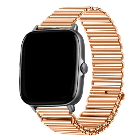 Steel Loop Strap, rose gold, on a watch, 3/4 front view