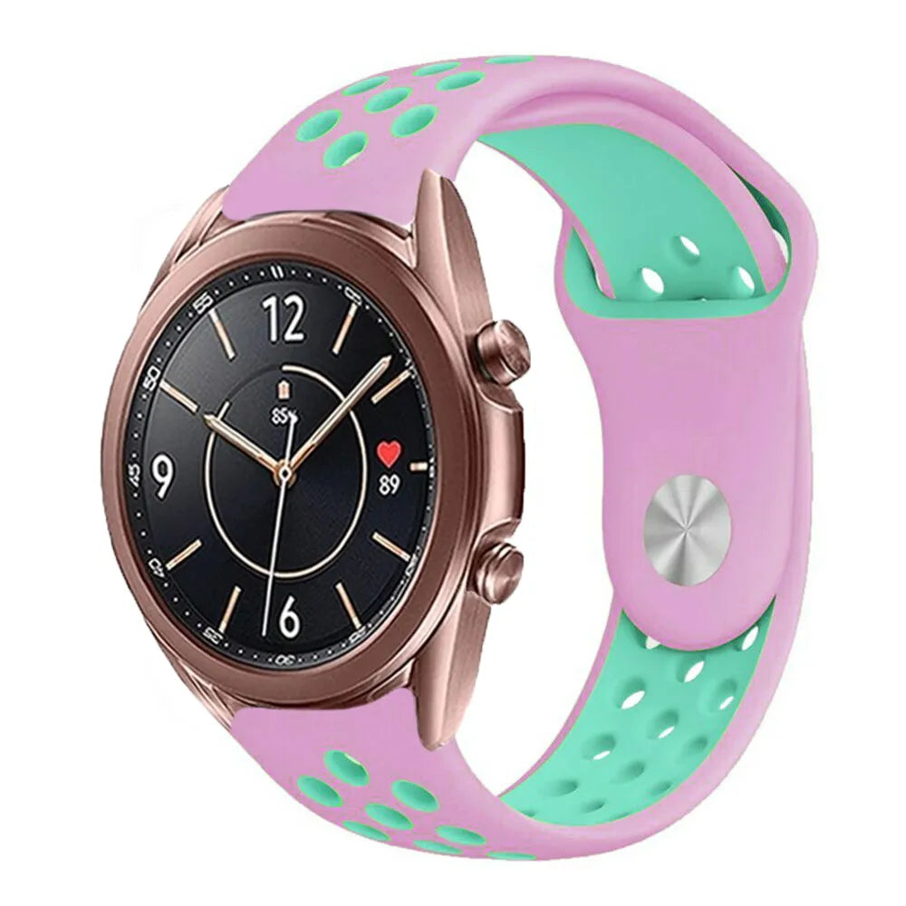 Silicone Sport Strap, pink/aqua, on a watch, 3/4 front view