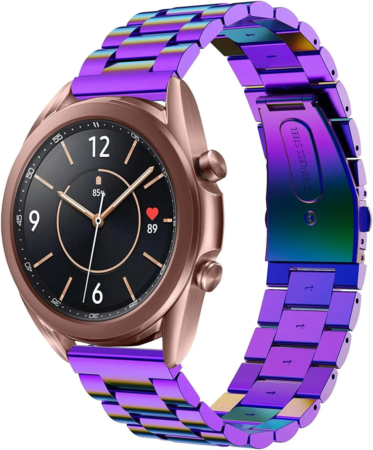 Steel Strap, pearlescent, on a watch, 3/4 front view