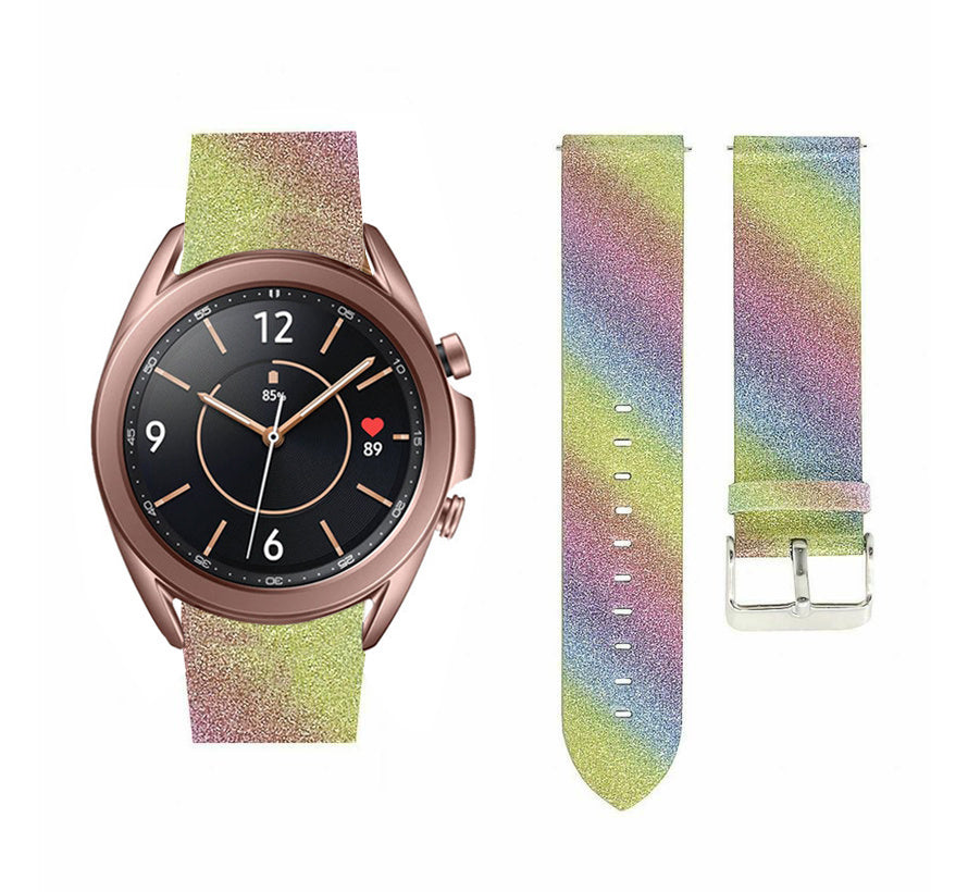 Leather Strap with Glitters, rainbow, on a watch, 3/4 front view