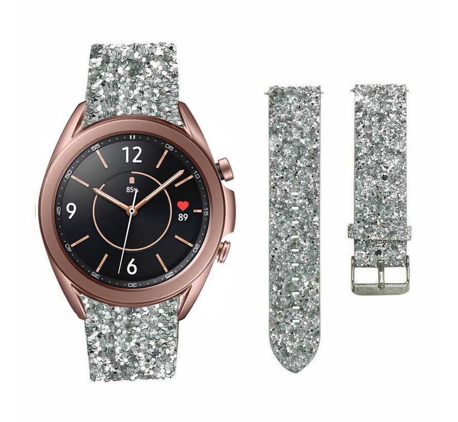 Leather Strap with Glitters, silver, on a watch, 3/4 front view