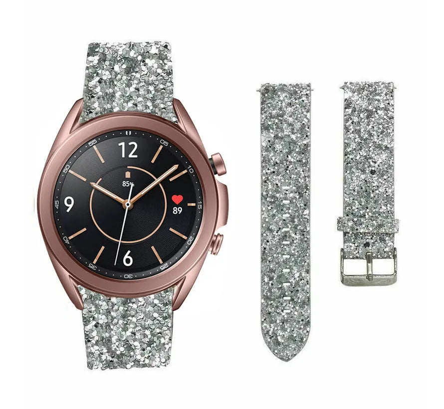 Leather Strap with Glitters, silver, on a watch, 3/4 front view