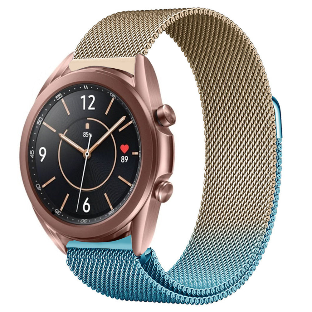 Milanese Strap, blue/gold, on a watch, 3/4 front view