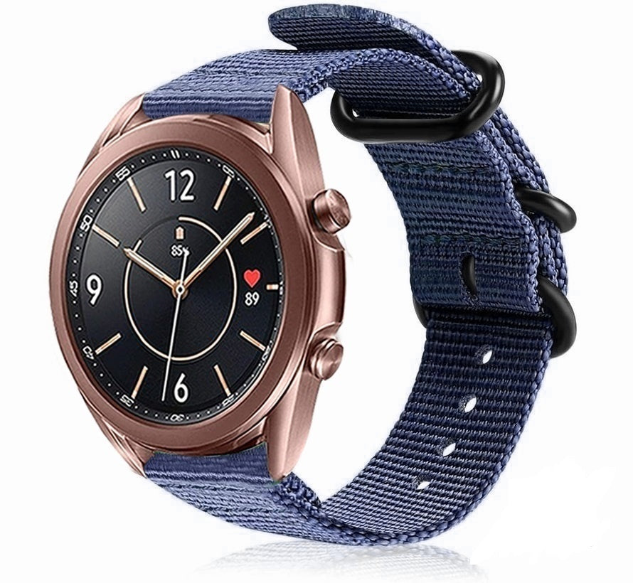 Nylon Buckle Strap, blue, on a watch, 3/4 front view
