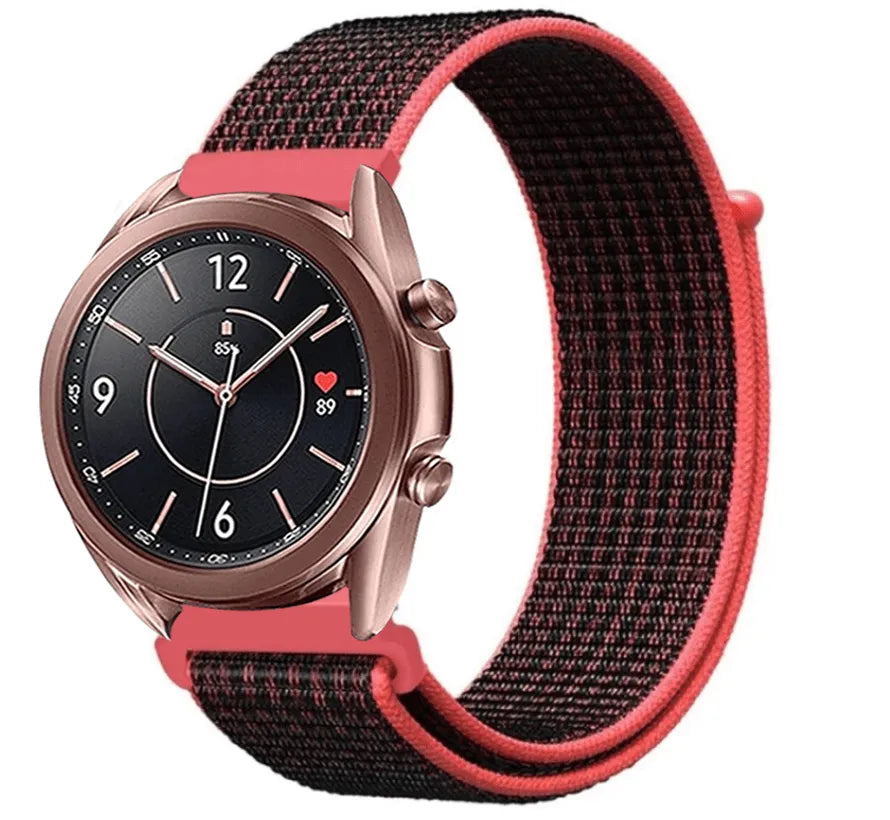 Nylon Strap, black/coral, on a watch, 3/4 front view