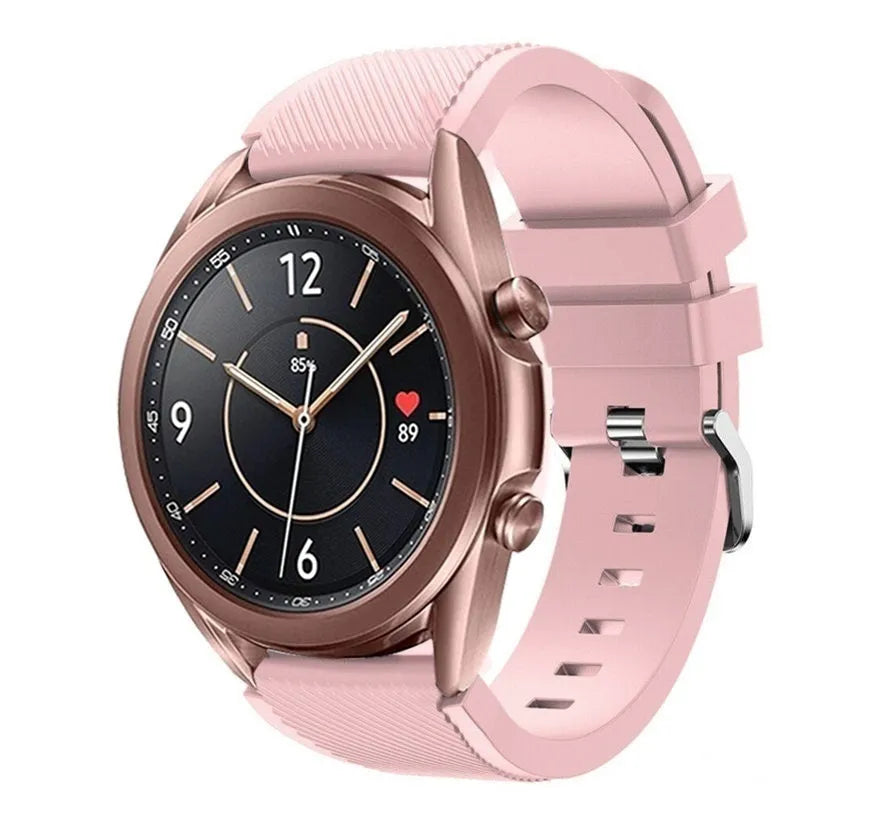 Twill Silicone Strap, pink, on a watch, 3/4 front view