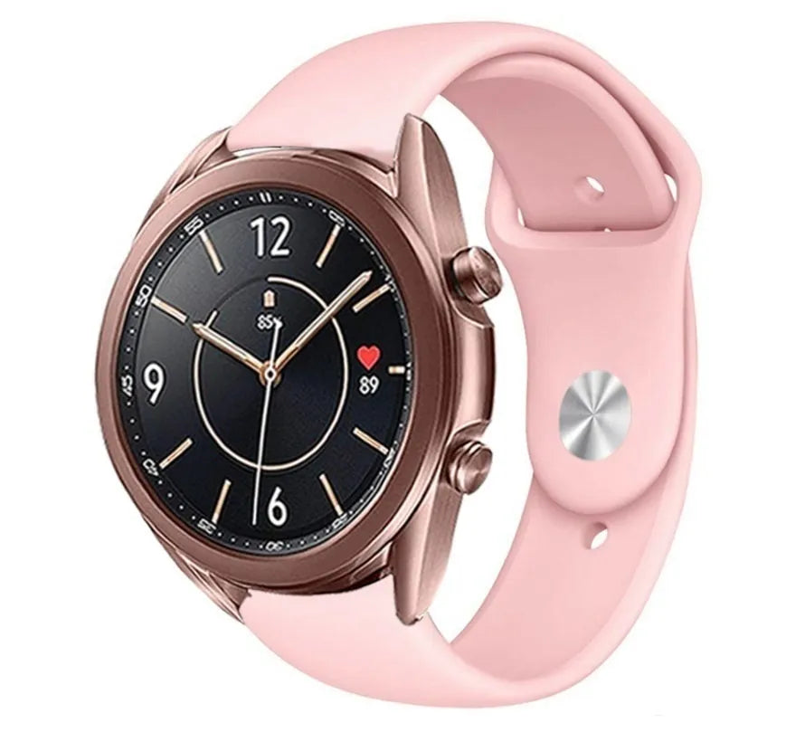 Silicone Sport Strap, pink, on a watch, 3/4 front view