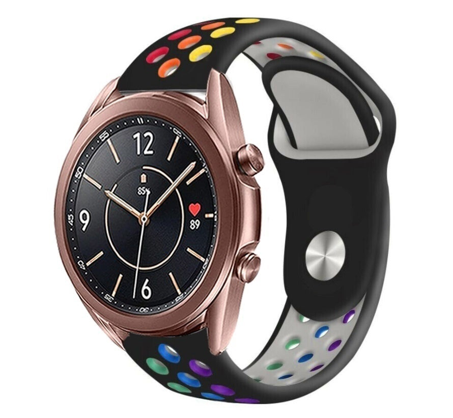 Silicone Sport Strap, black/colourful, on a watch, 3/4 front view