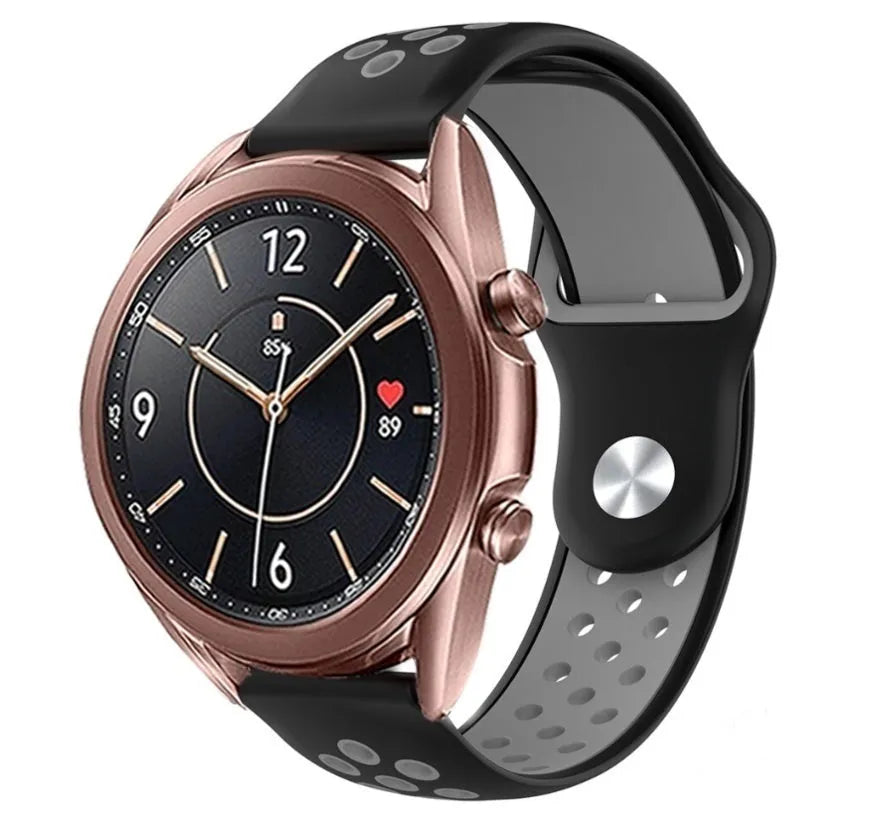 Silicone Sport Strap, black/grey, on a watch, 3/4 front view