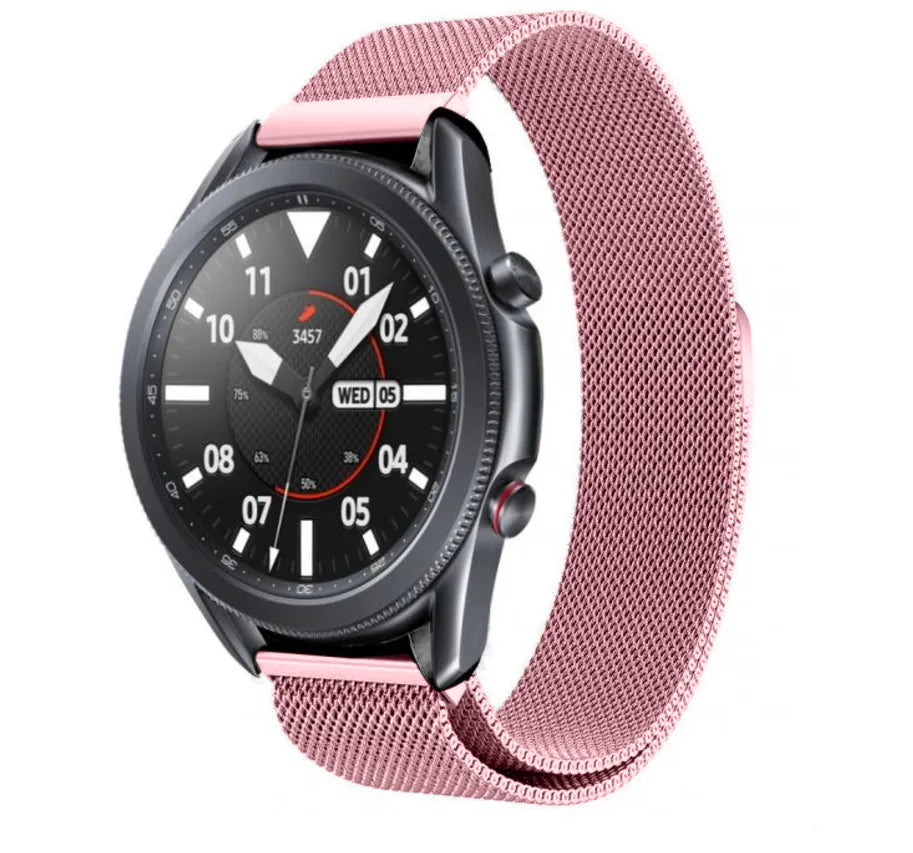 Milanese Strap, pink, on a watch, 3/4 front view