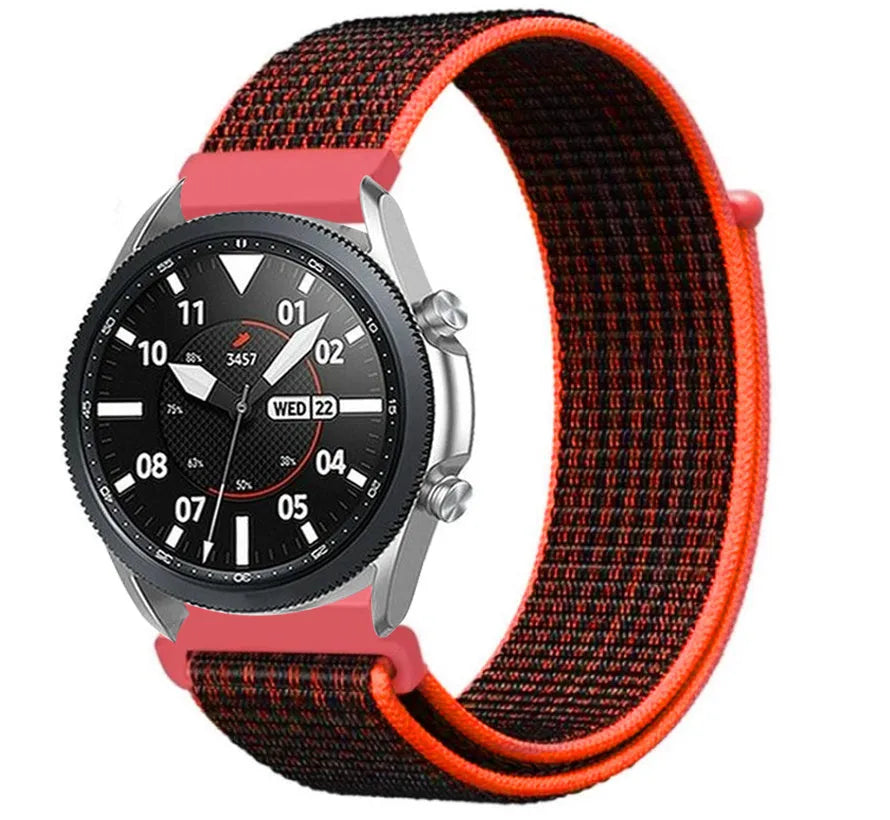 Nylon Strap, black/orange, on a watch, 3/4 front view