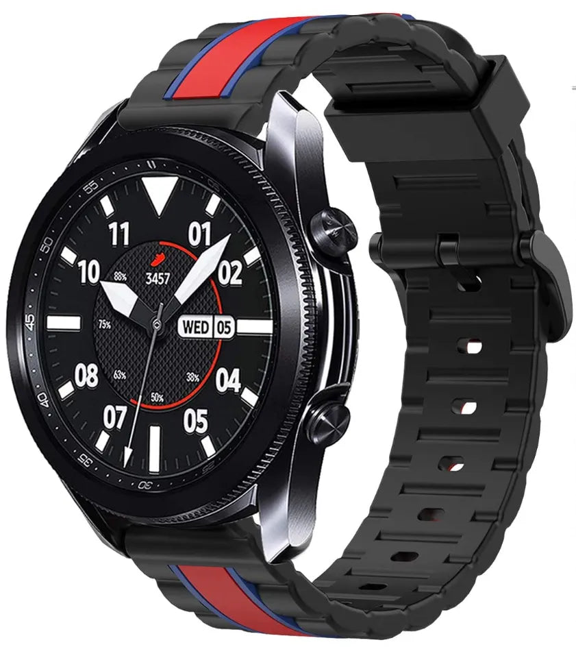 Silicone Special Edition Strap, black/red, on a watch, 3/4 front view