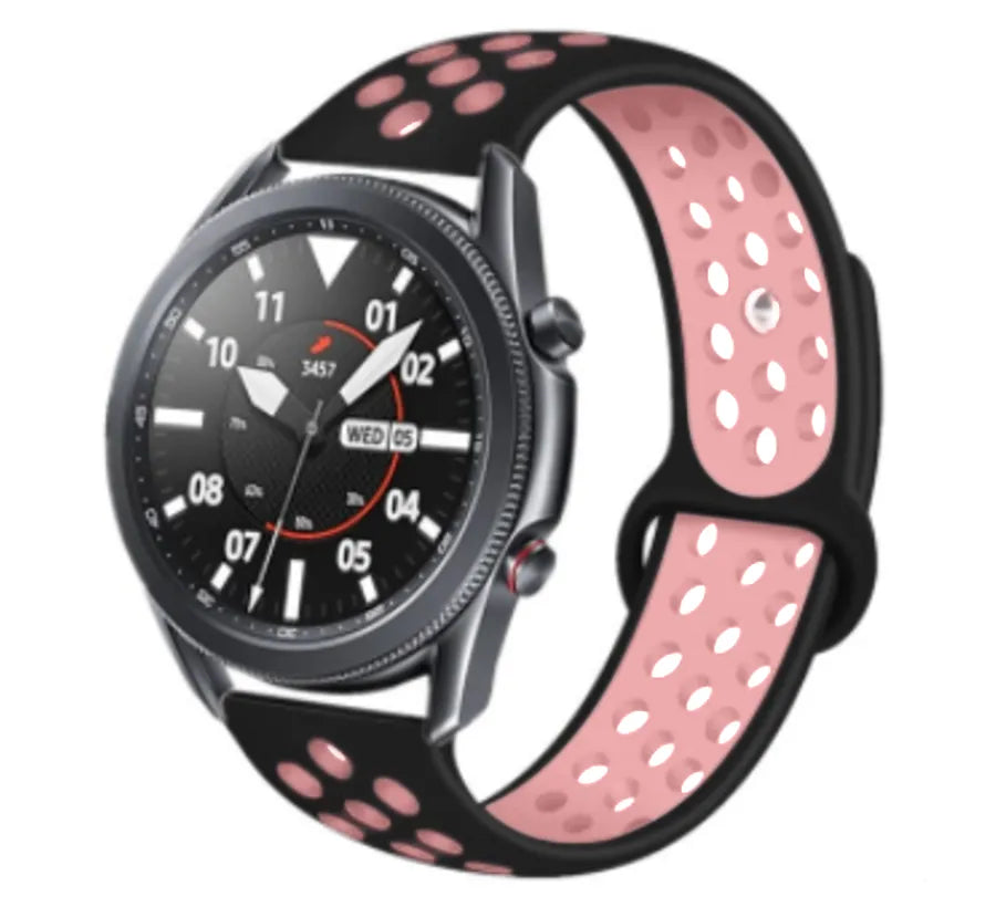Silicone Sport Strap, black/pink, on a watch, 3/4 front view