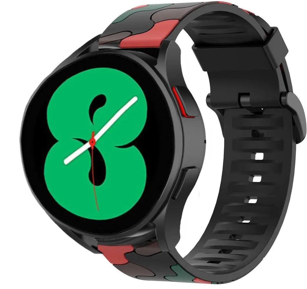 Silicone Camo Strap, red, on a watch, 3/4 front view