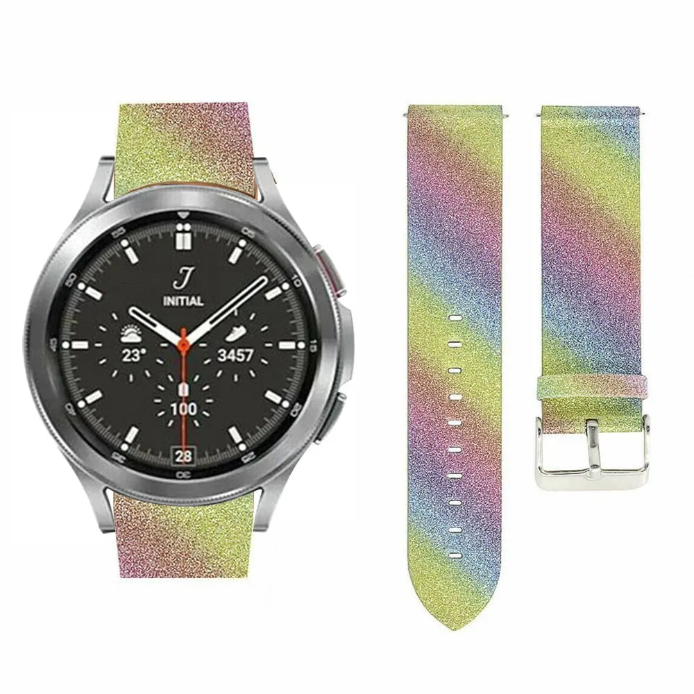 Leather Strap with Glitters, rainbow, on a watch, 3/4 front view