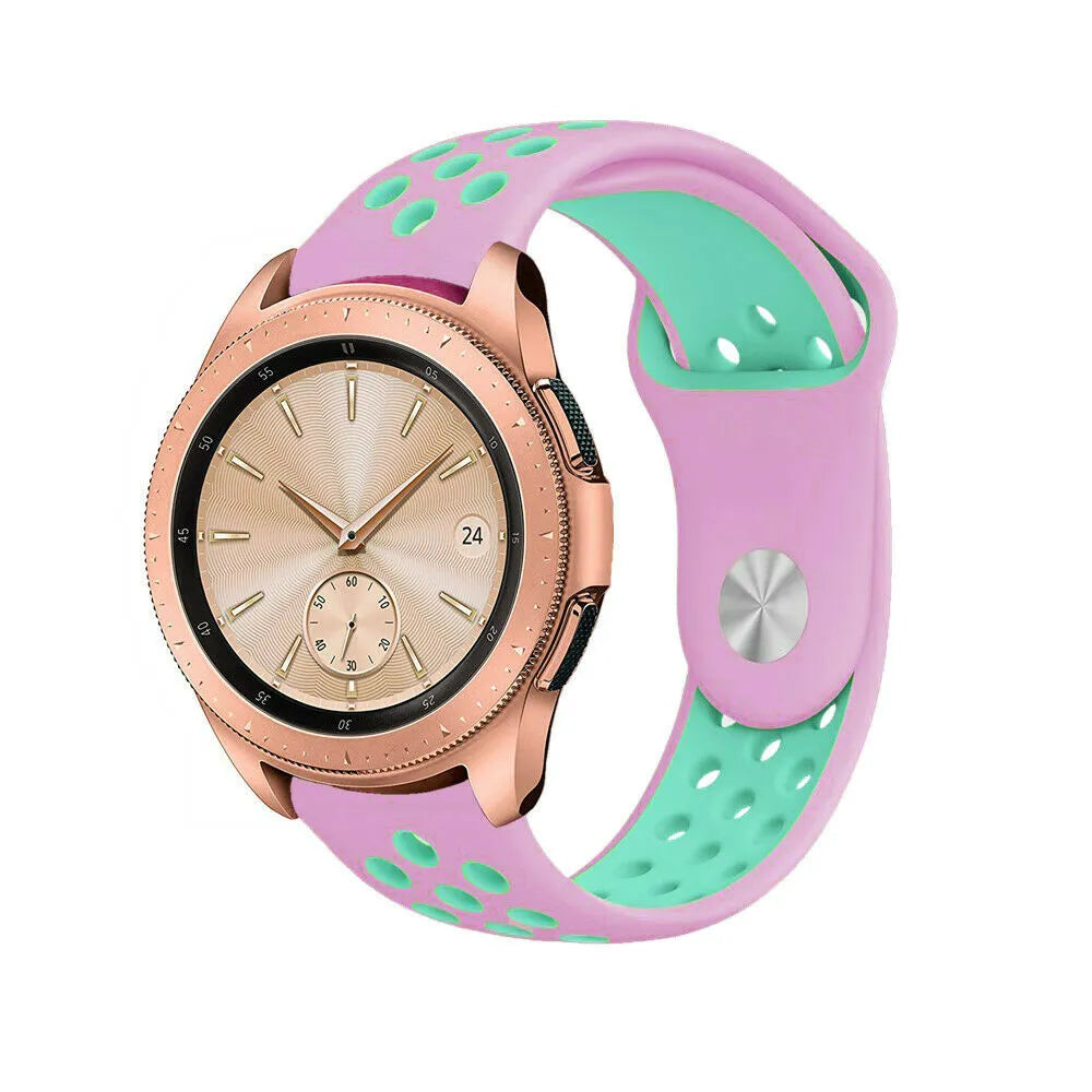 Silicone Sport Strap, pink/aqua, on a watch, 3/4 front view