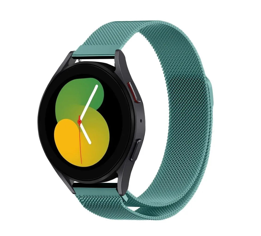 Milanese Strap, green, on a watch, 3/4 front view
