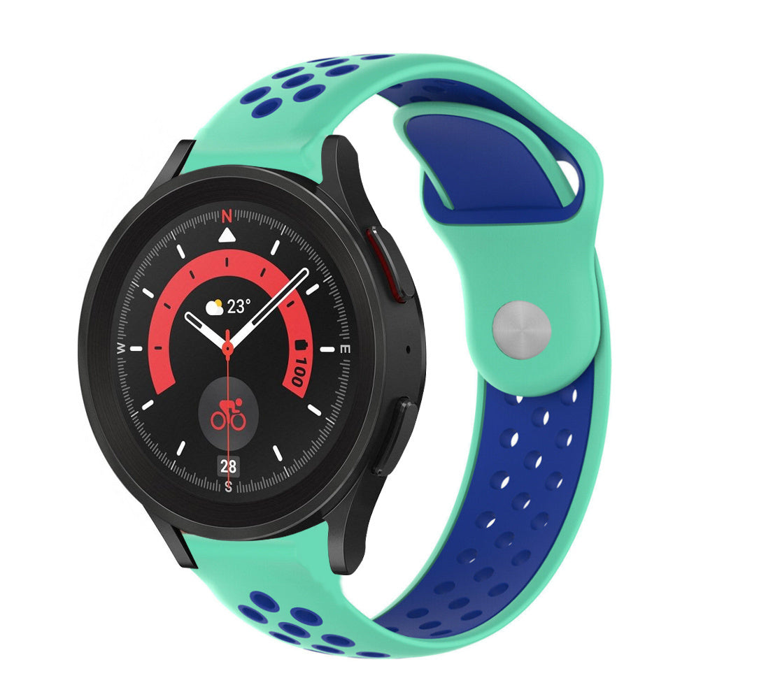 Silicone Sport Strap, aqua/blue, on a watch, 3/4 front view