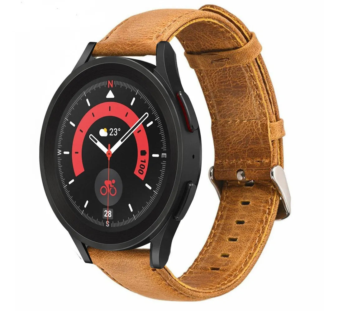 Leather Strap, brown, on a watch, 3/4 front view