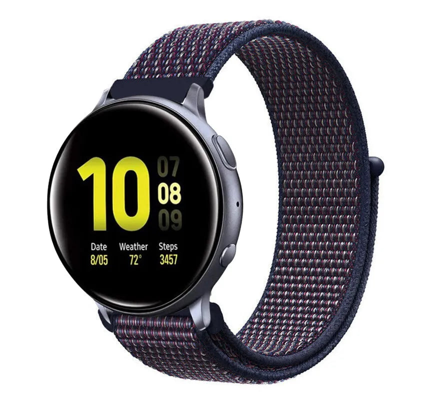 Nylon Strap, indigo blue, on a watch, 3/4 front view