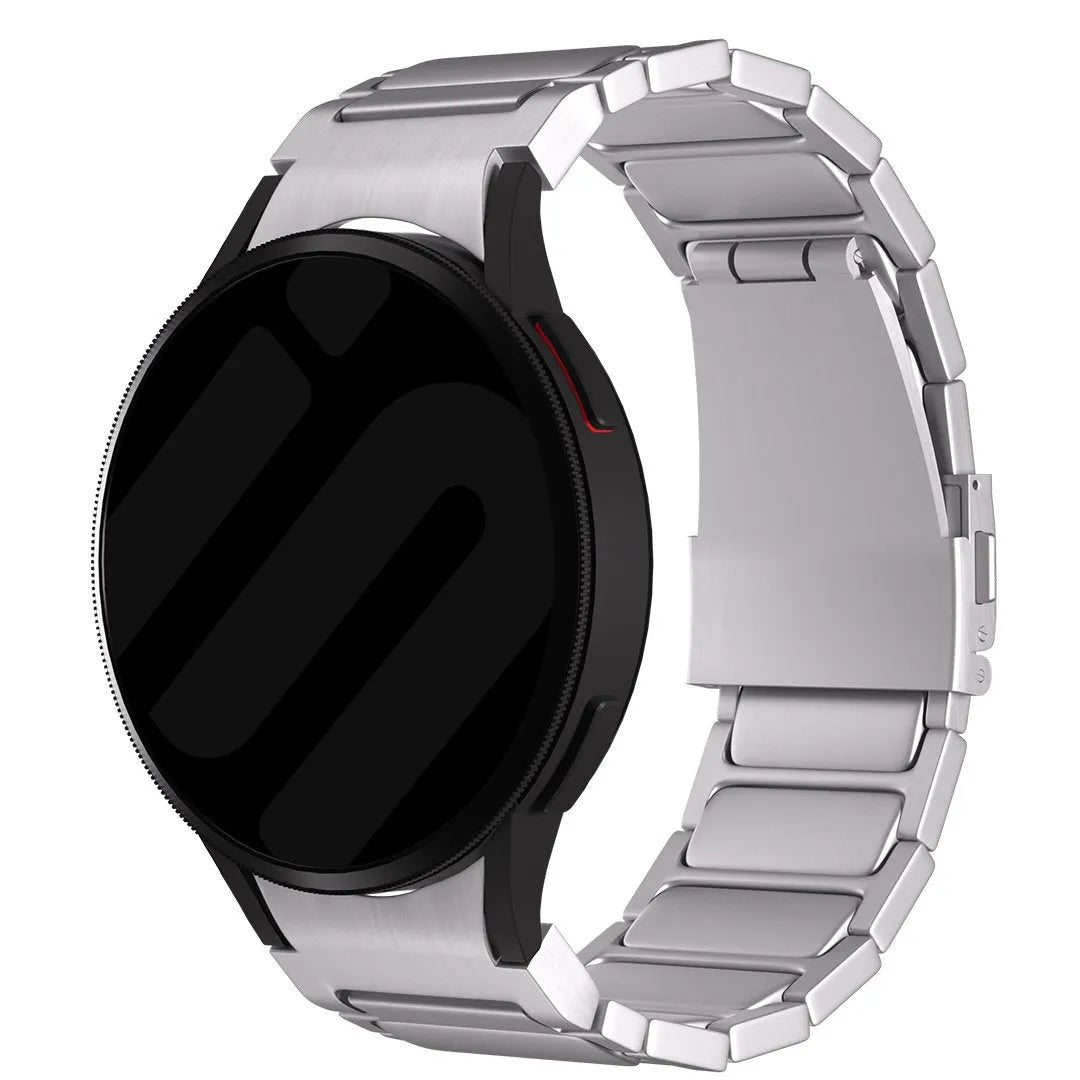 Titanium Strap 'One Push', silver, on a watch, 3/4 front view