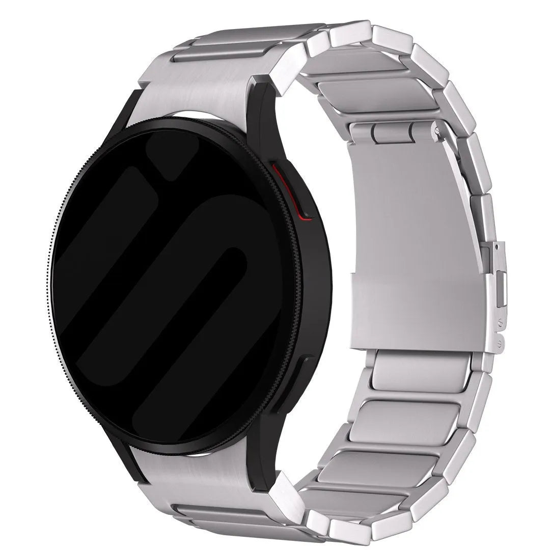 Titanium Strap 'One Push', silver, on a watch, 3/4 front view