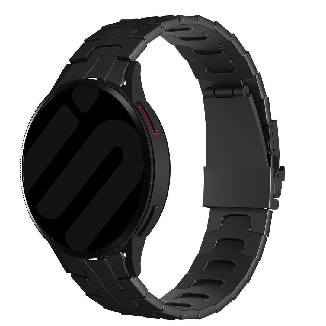 Titanium Strap 'Iron', black, on a watch, 3/4 front view