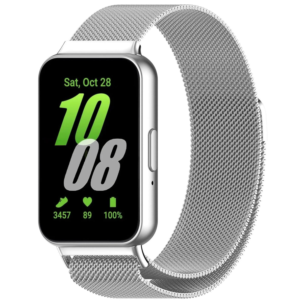 Milanese Strap, silver, on a watch, 3/4 front view