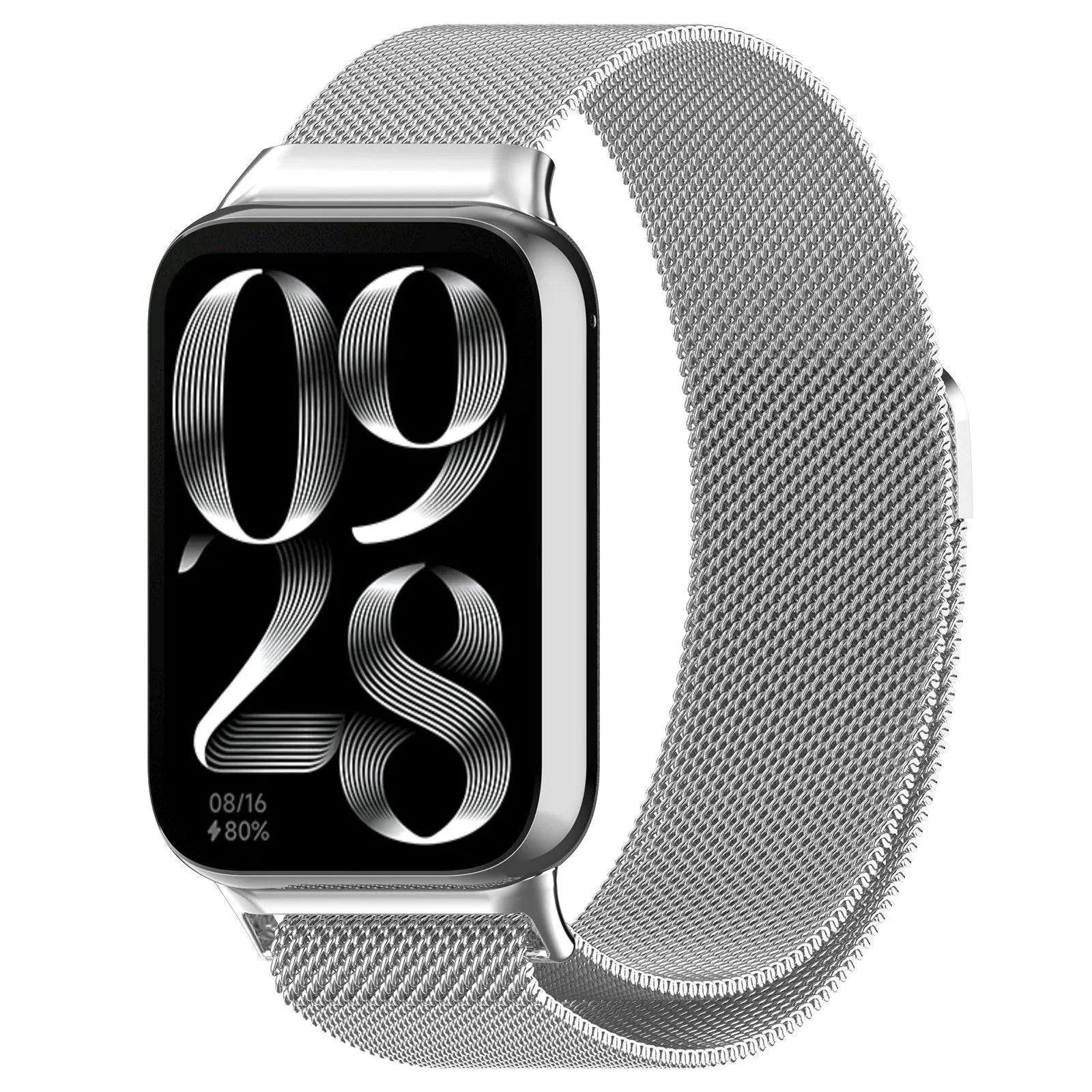 Milanese Strap, silver, on a watch, 3/4 front view