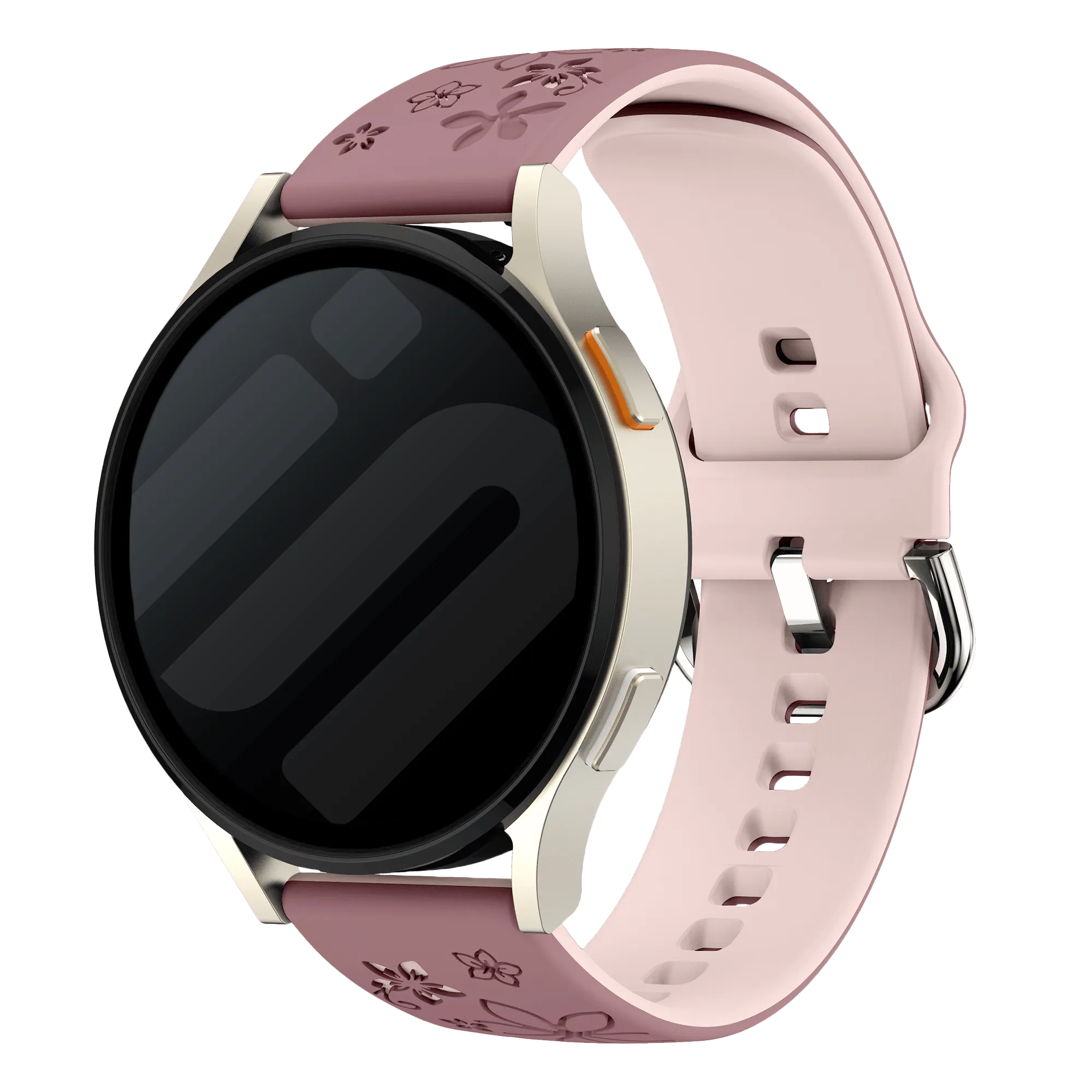 Flower Silicone Strap, smoke purple/light pink, on a watch, 3/4 front view