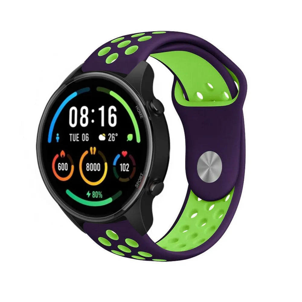 Silicone Sport Strap, purple/green, on a watch, 3/4 front view