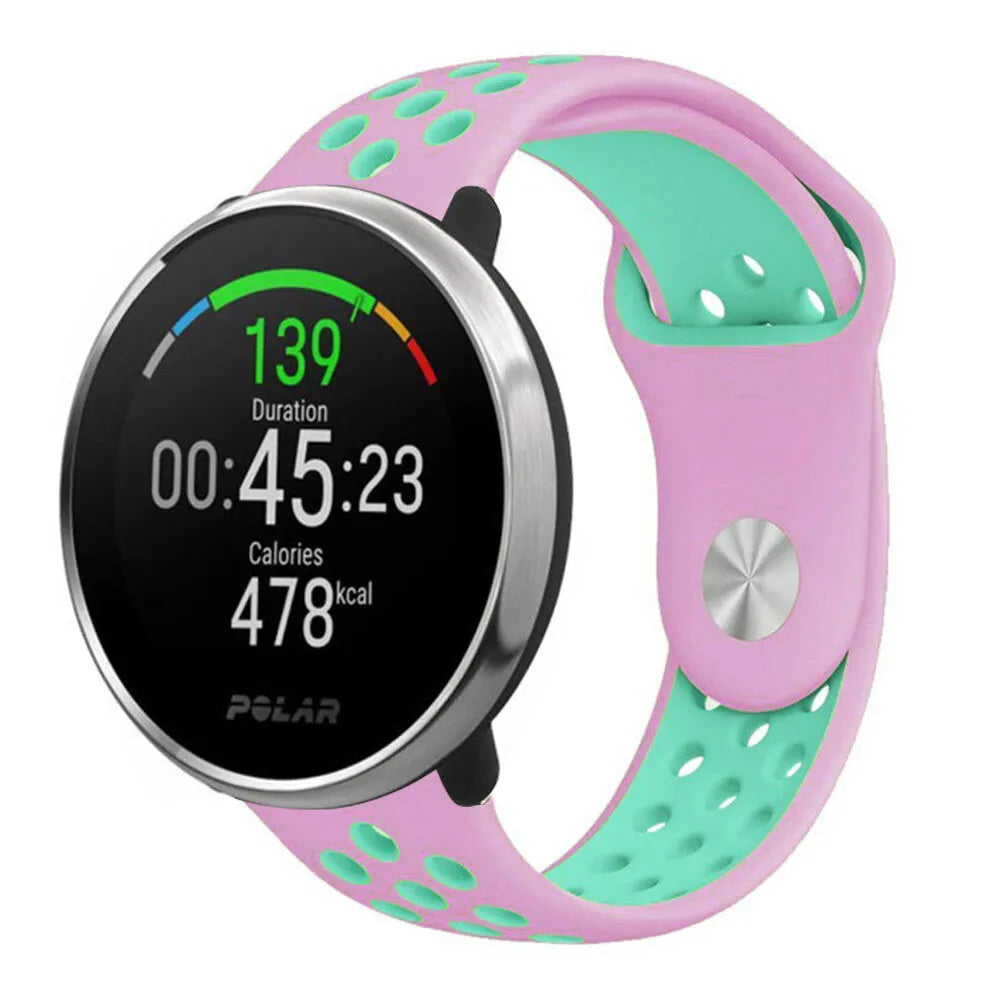 Silicone Sport Strap, pink/aqua, on a watch, 3/4 front view