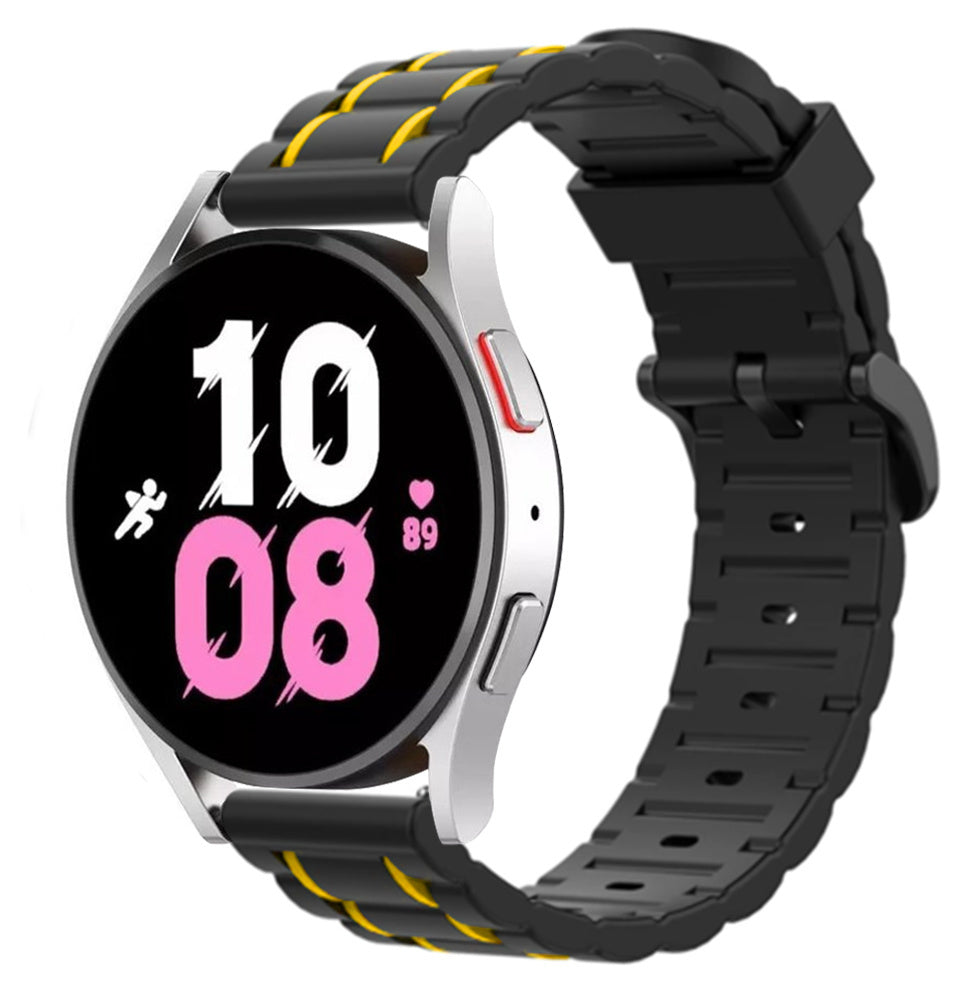 Silicone Strap 'Tough', black/yellow, on a watch, 3/4 front view