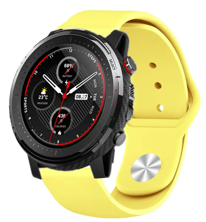 Silicone Sport Strap, yellow, on a watch, 3/4 front view