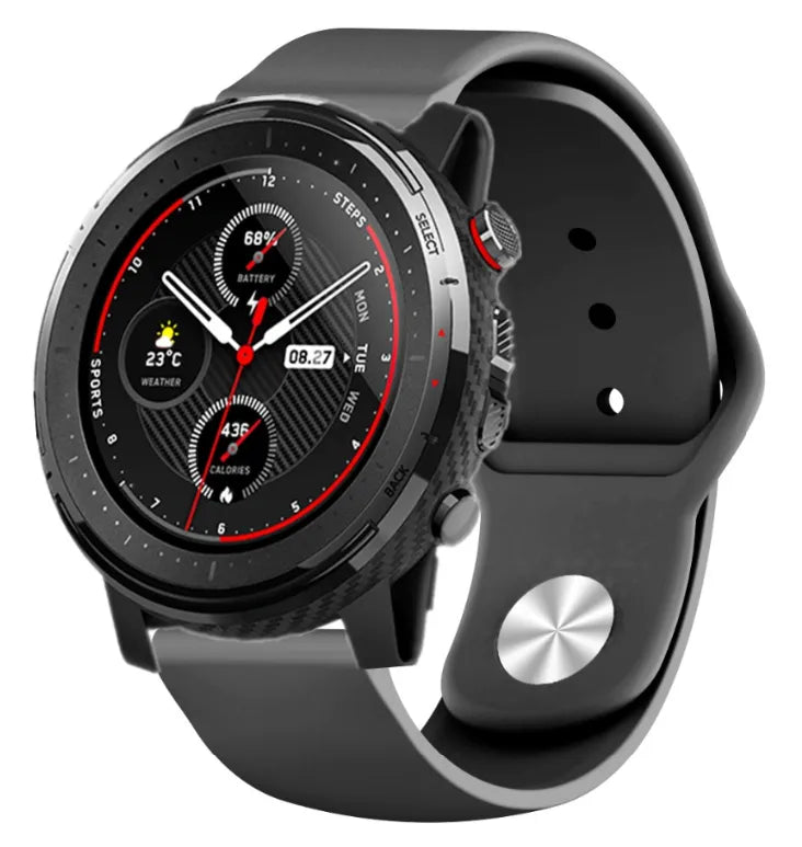 Silicone Sport Strap, black, on a watch, 3/4 front view