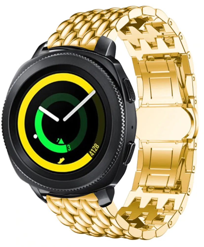 Steel Dragon Strap, gold, on a watch, 3/4 front view