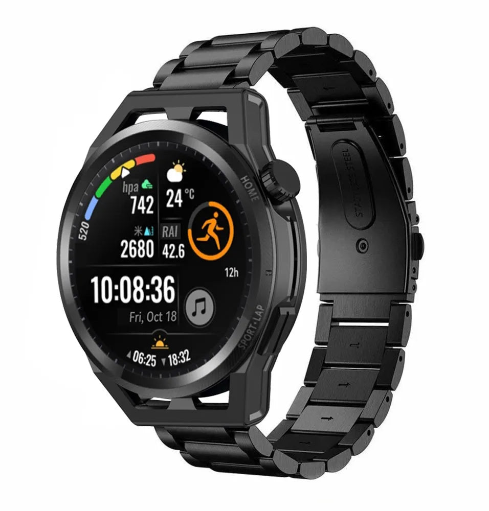 Steel Strap, black, on a watch, 3/4 front view