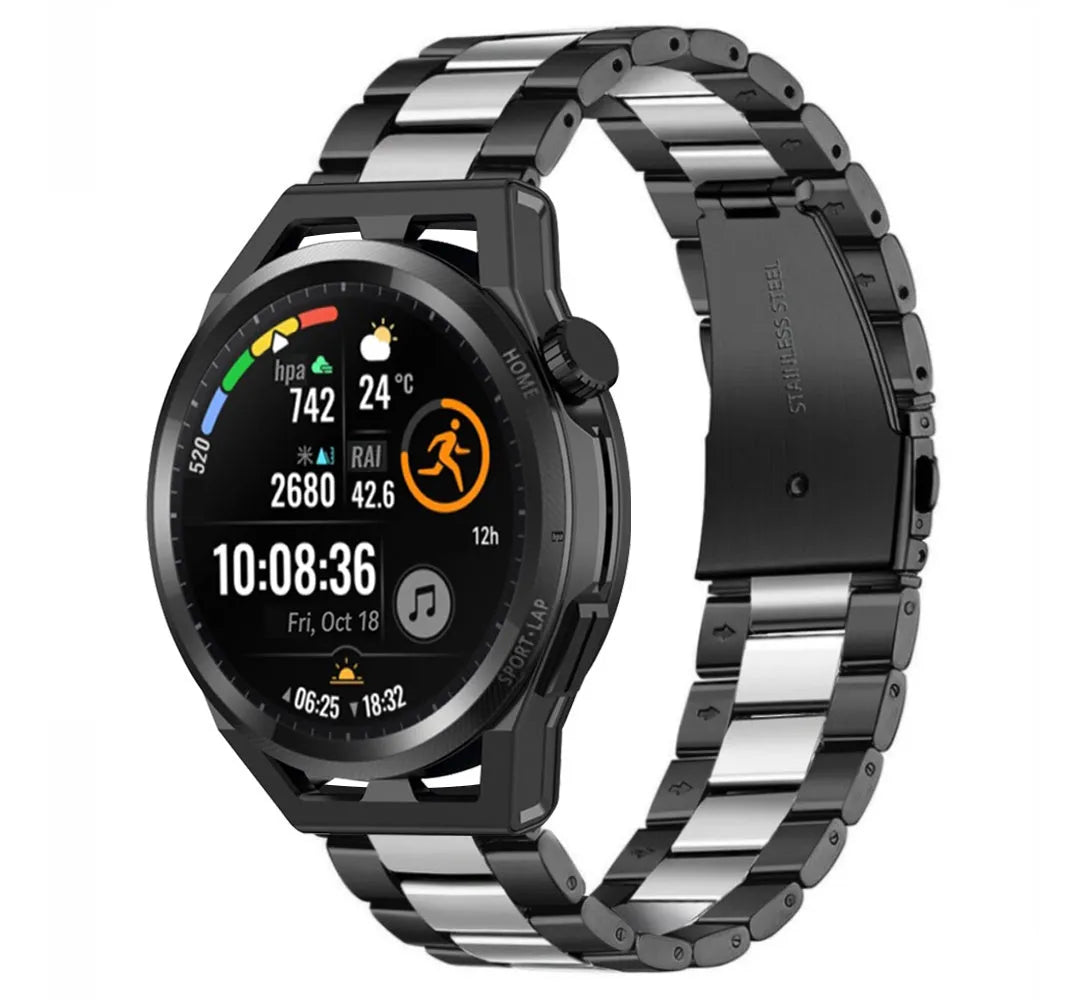 Steel Strap, black/silver, on a watch, 3/4 front view
