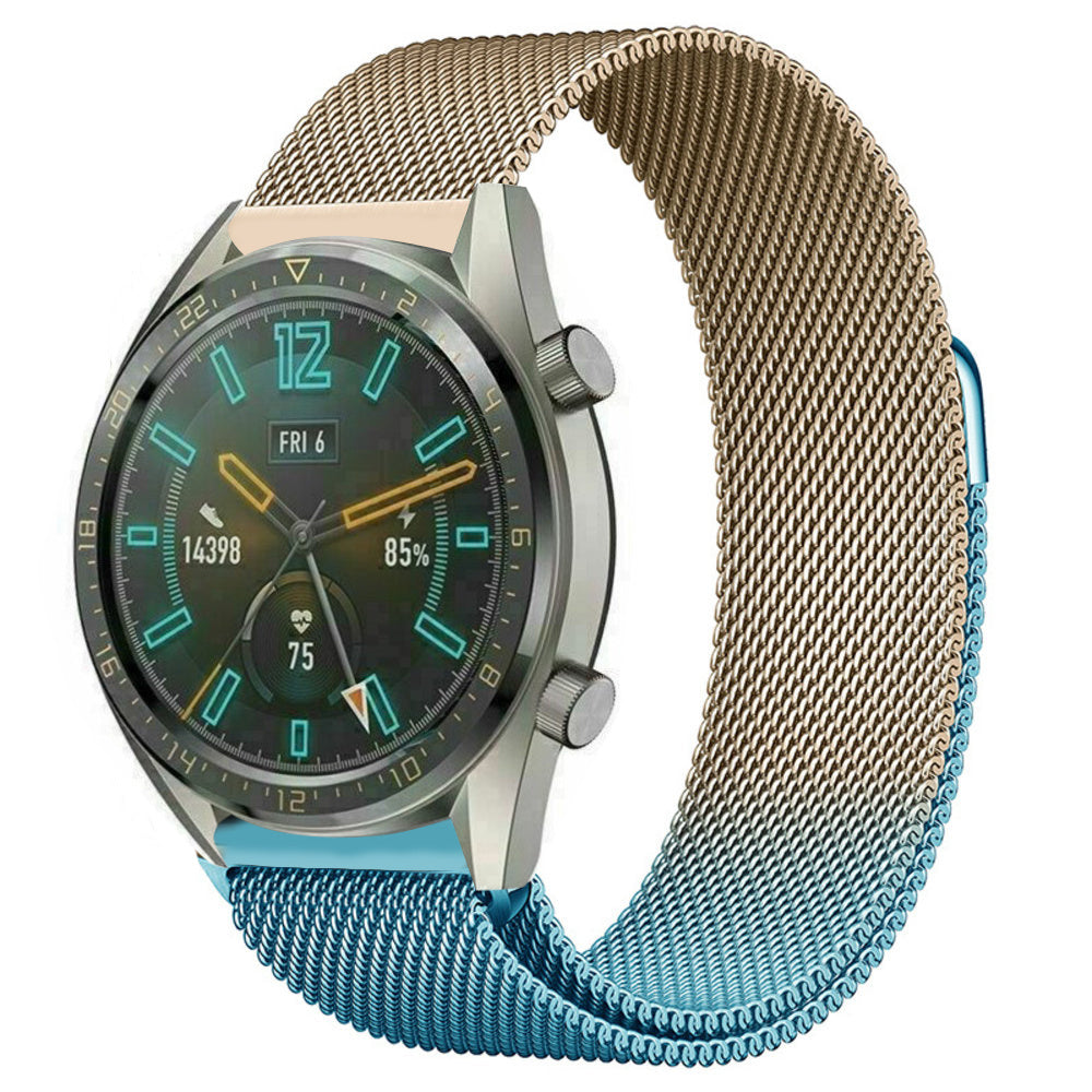 Milanese Strap, blue/gold, on a watch, 3/4 front view
