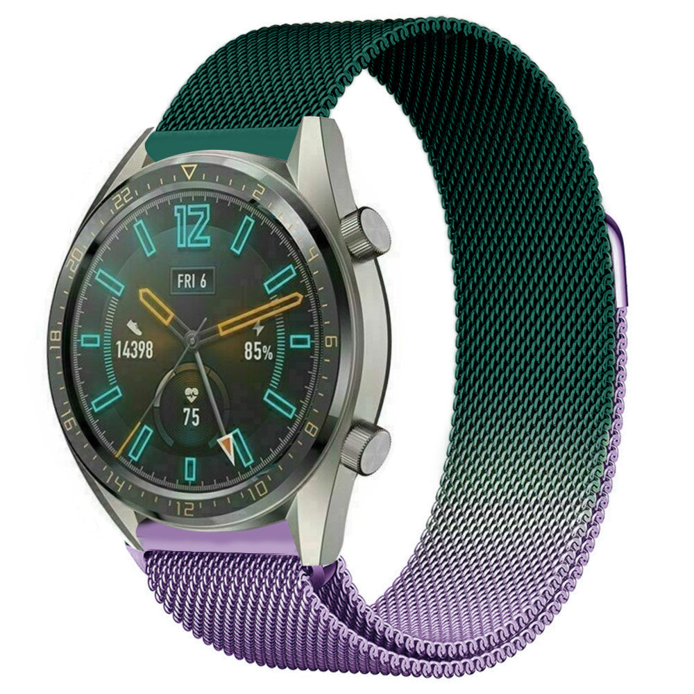 Milanese Strap, purple/green, on a watch, 3/4 front view