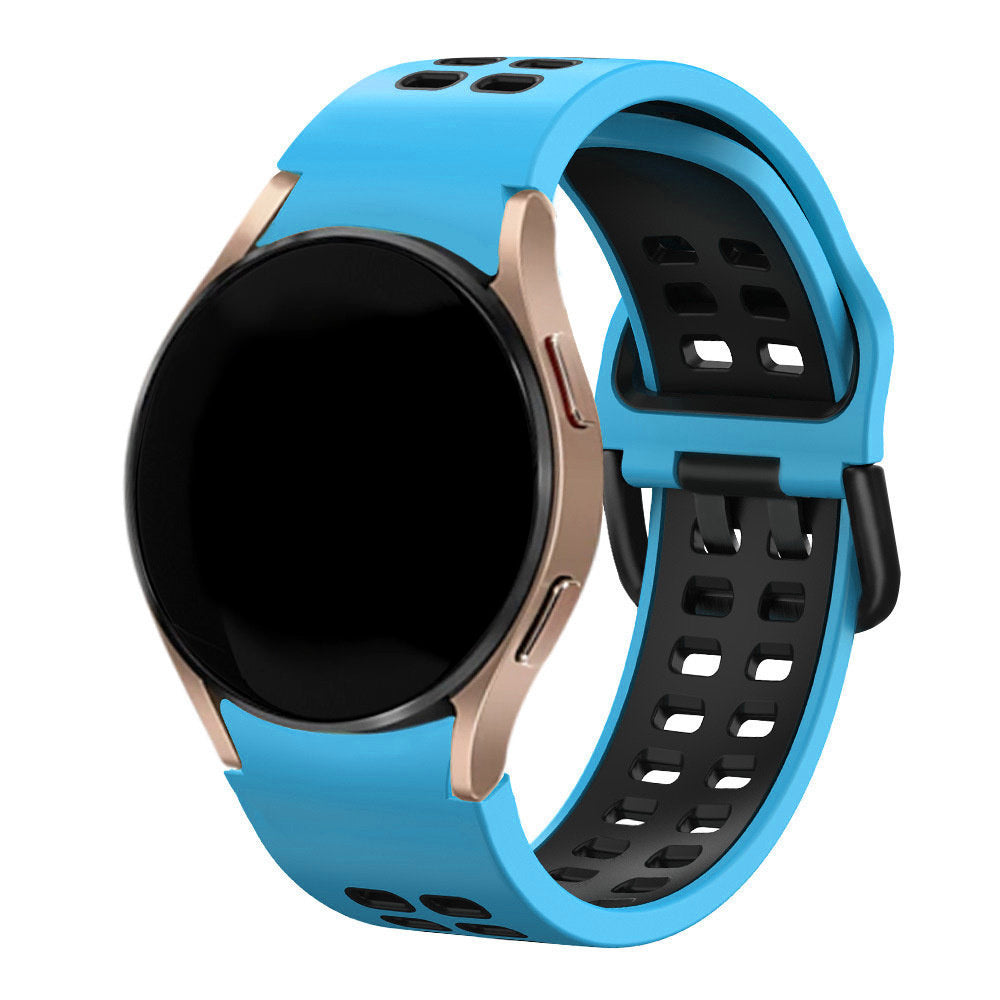 Silicone Squared Sport Strap, light blue/black, on a watch, 3/4 front view