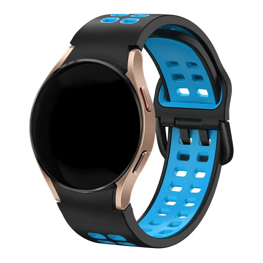 Silicone Squared Sport Strap, black/light blue, on a watch, 3/4 front view