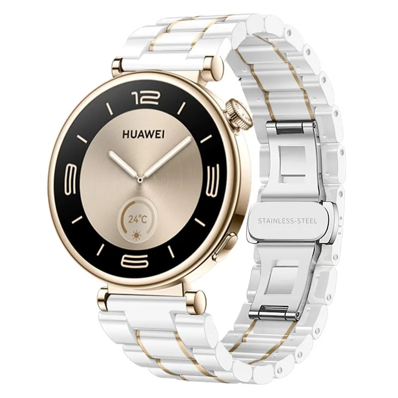 Metal Ceramic Strap, white/gold, on a watch, 3/4 front view
