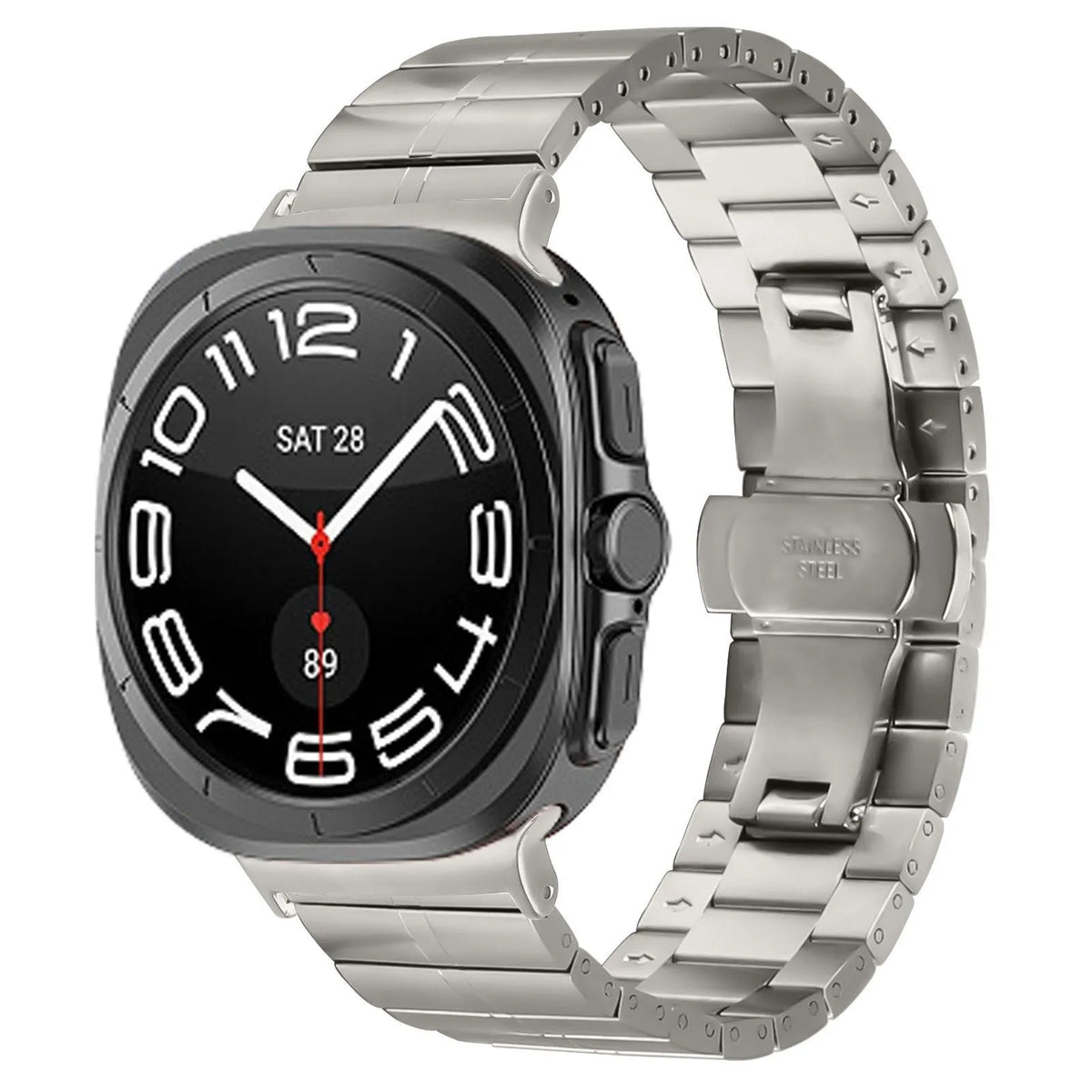 Premium Metal Strap, titanium, on a watch, 3/4 front view