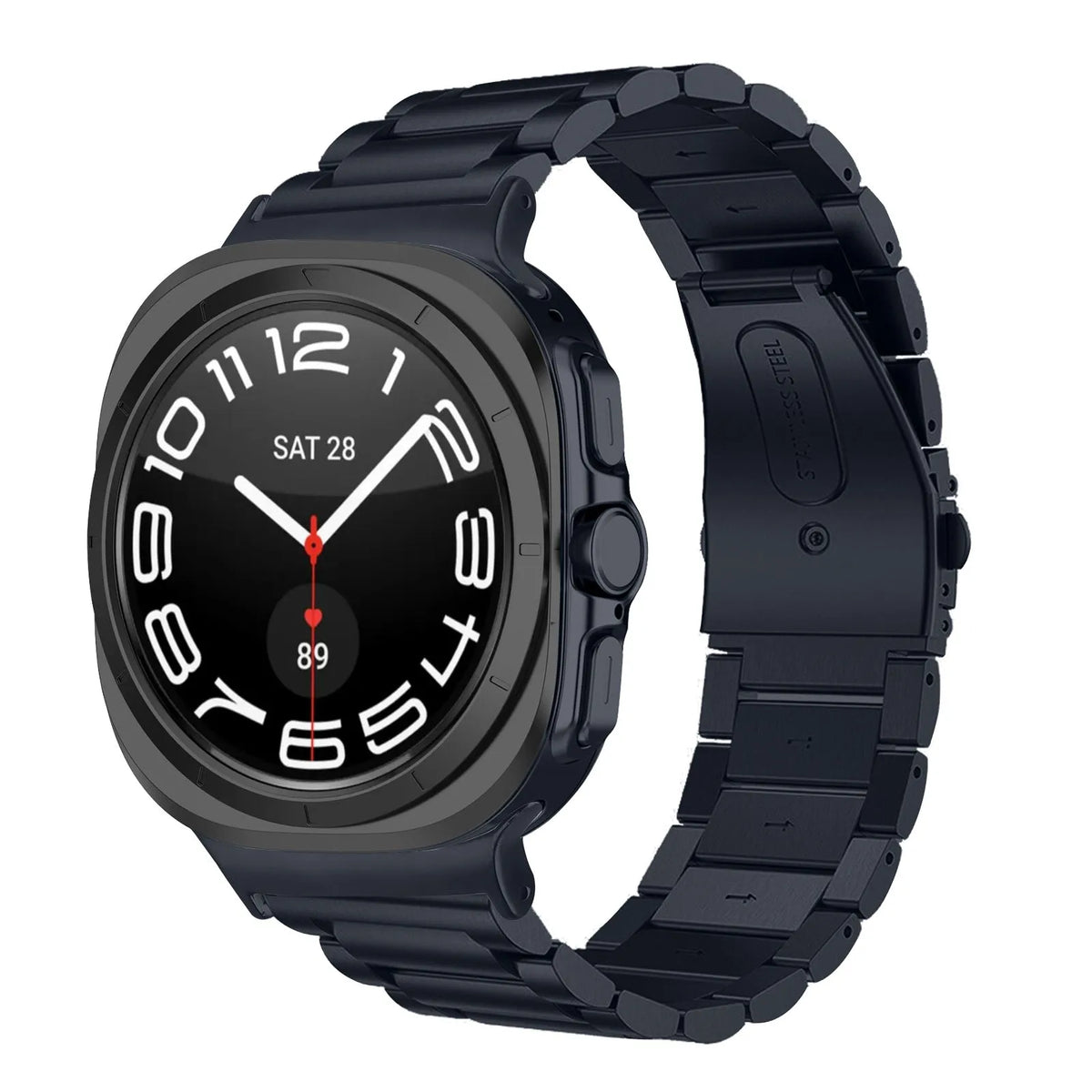 Steel Strap, titanium grey, on a watch, 3/4 front view