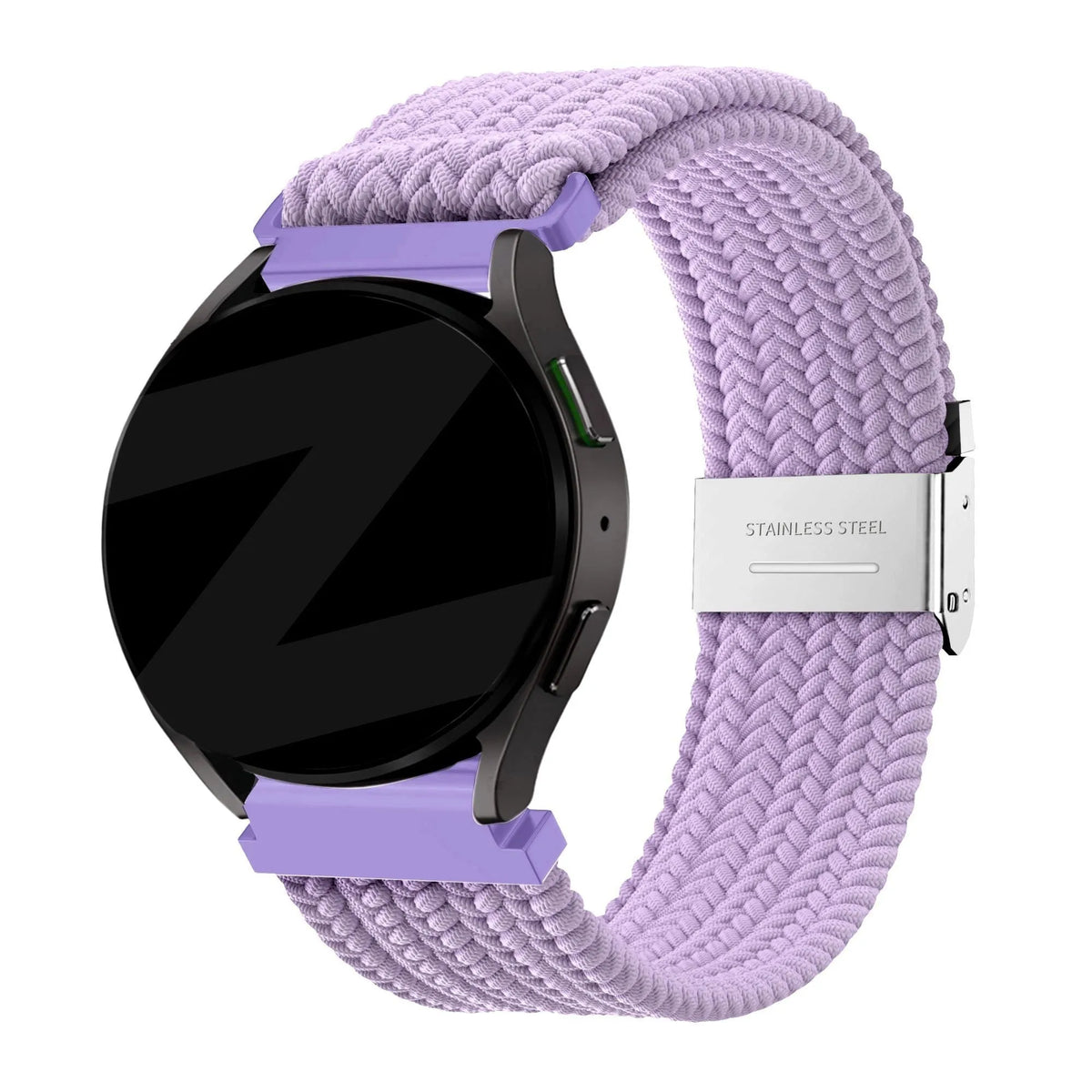 Woven Nylon Strap, light purple, on a watch, 3/4 front view